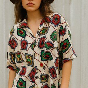 Vintage  1980s Diversity  Silk Flag Crest Print Silk Blouse Top Shirt L